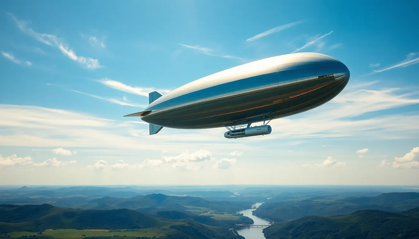 Modern zeppelin flying over a scenic American landscape.