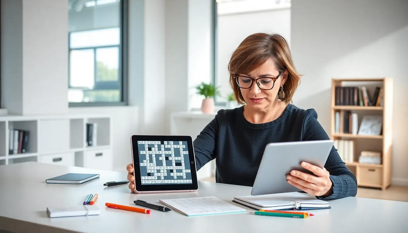 woman solving a Kreuzwort50 crossword puzzle in a modern office.