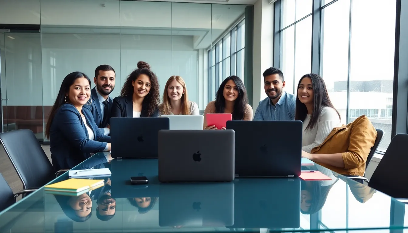 diverse professionals collaborating in a modern office setting.