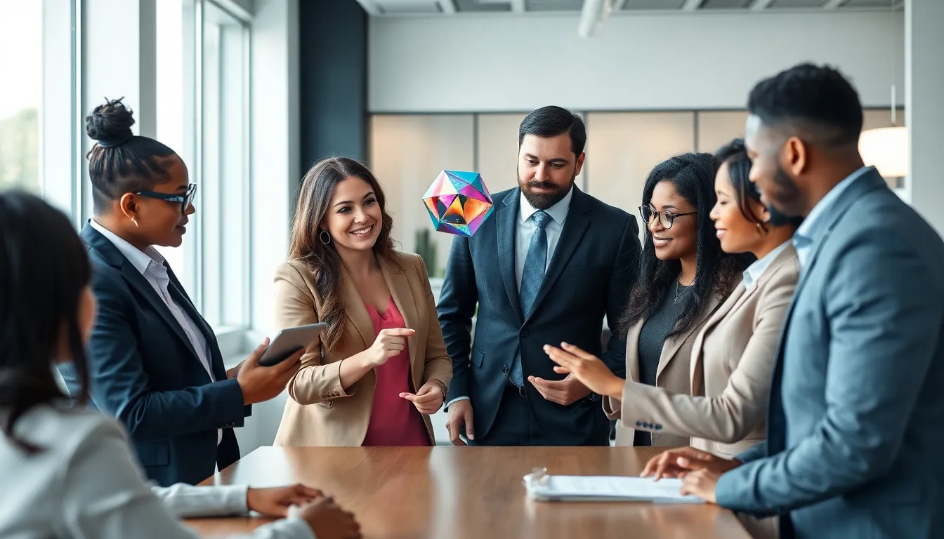 diverse team discussing the concept of феуктщы in a modern office.